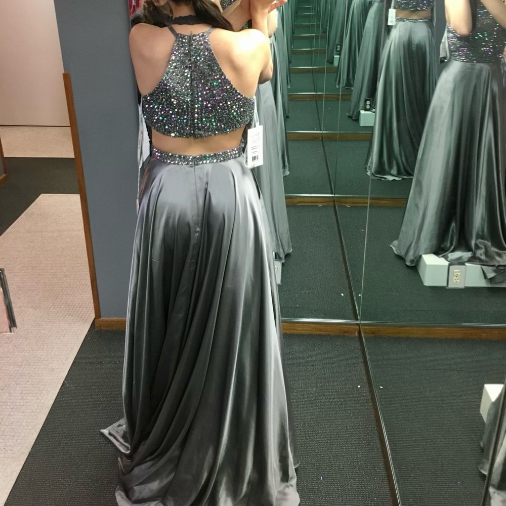 Sherri Hill Silver Beaded Halter Prom Dress - Picture 4 of 10